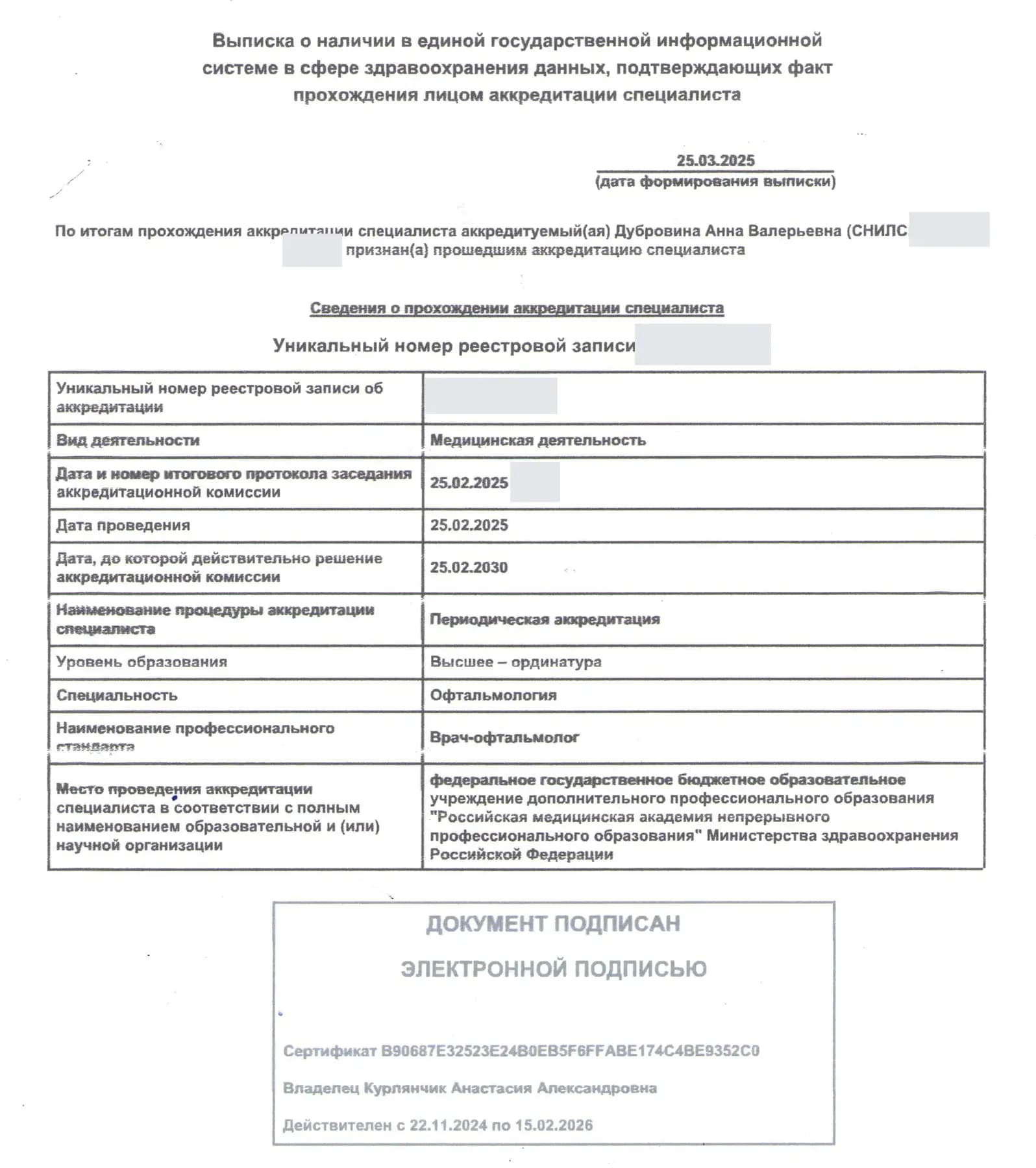 Обезличенная выписка о периодической аккредитации по офтальмологии